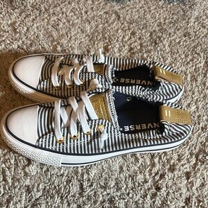 Converse Kids Black & White Striped Low Top Sneakers with Gold Accents